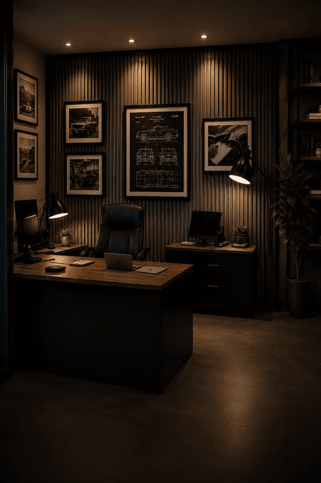 Warm appraisal office with vehicle drawings and a dark desk
