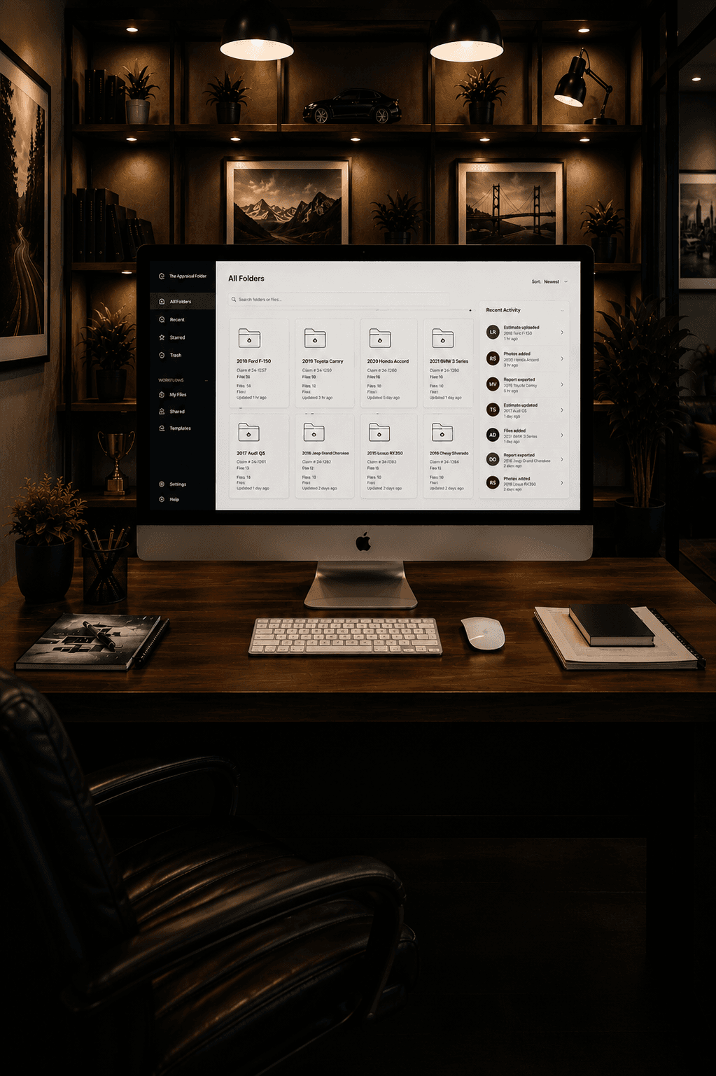 Folder Co. file dashboard displayed on a desktop monitor in a warm office