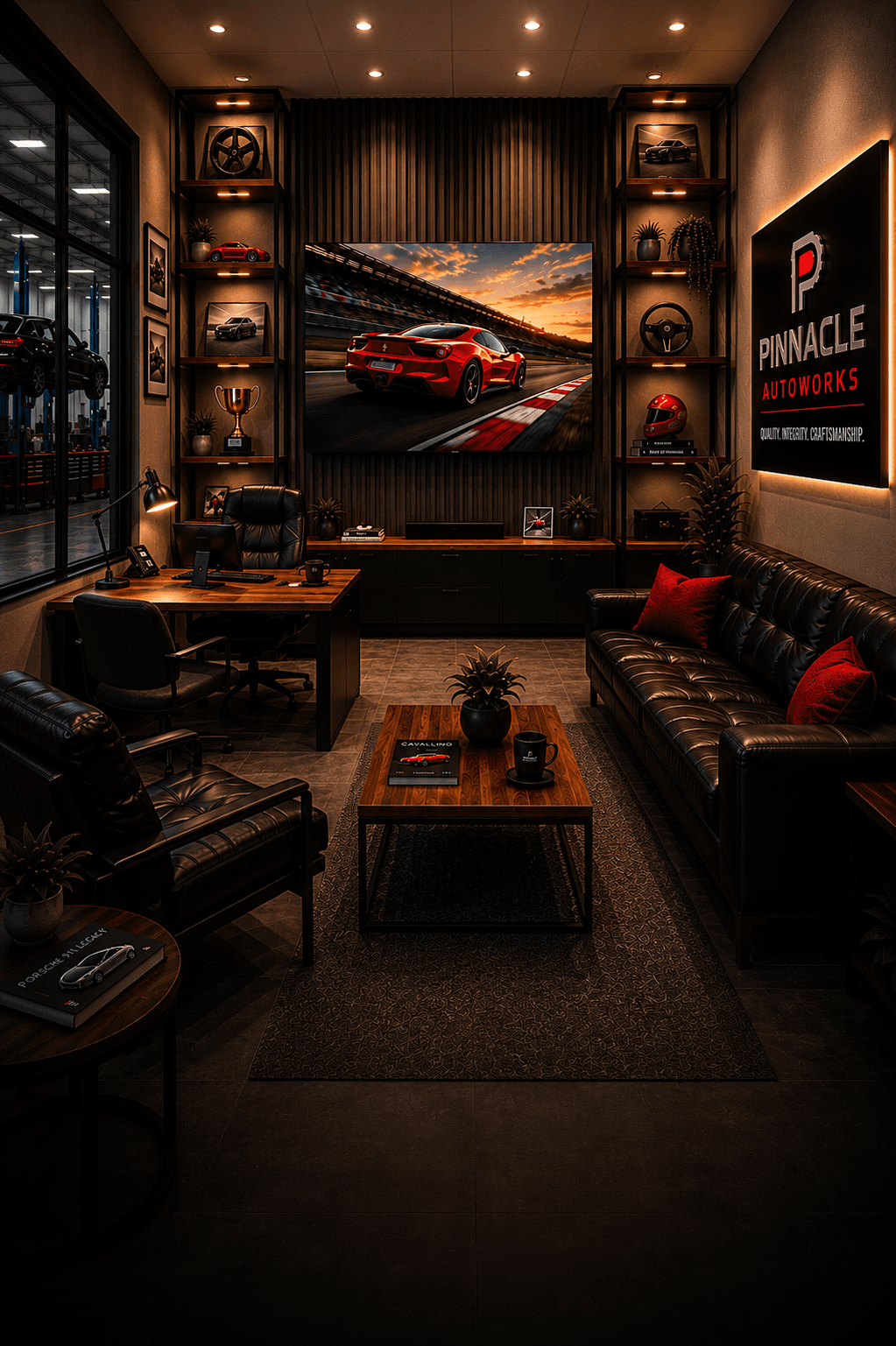 Body shop office with a sports car display and workshop view